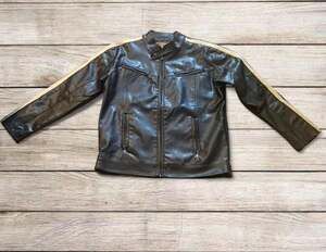 Machine Clothing Company Men's Faux Leather Moto Jacket with Striped Sleeves